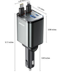 Ultra Compact 4 In 1 Retractable Car Charger With 84W USB C Fast Charging For iPhone 17 16 15 14 13, shown with dimensions