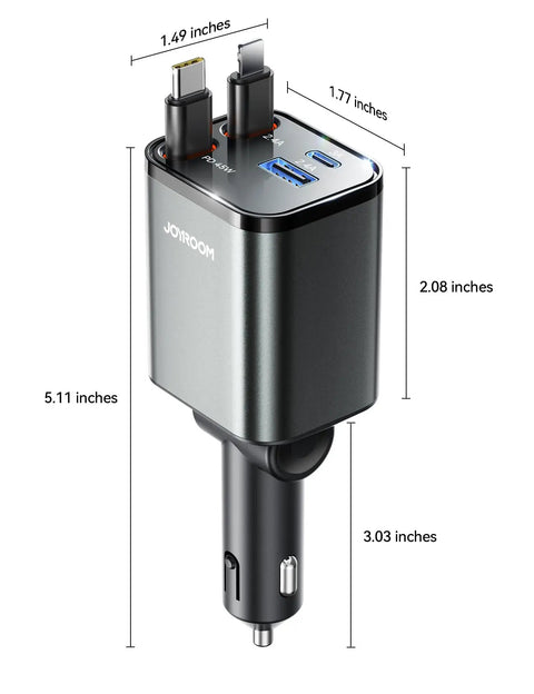 Ultra Compact 4 In 1 Retractable Car Charger With 84W USB C Fast Charging For iPhone 17 16 15 14 13, shown with dimensions