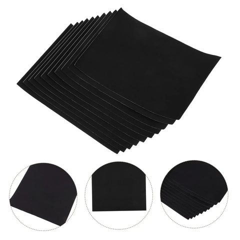 10 Pack Self Adhesive Furniture Padding Sound Dampening Buffers for noise reduction in black foam sheets, angled view