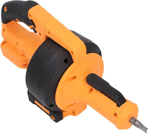 Cordless Electric Drain Auger And Plumbing Snake For Nasty Hair Clogs Kicks Blockages To The Curb with black and orange design.