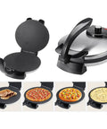Heavy Duty Electric Tortilla Press 10 Inch Non Stick Roti Maker With Adjustable Heat Control shown with pancakes, pizza, and a flat surface.