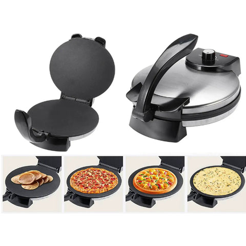 Heavy Duty Electric Tortilla Press 10 Inch Non Stick Roti Maker With Adjustable Heat Control shown with pancakes, pizza, and a flat surface.