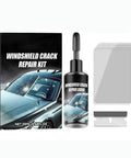 All Purpose Windshield Crack Repair Kit For A 5 Minute Quick Fix DIY Glass Crack Remover Fluid For Windshields And Mirrors Fix All Crack Types Fast And Easy In One Pack with box, repair liquid, and blade in view.