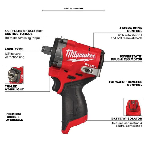Side view of M12 FUEL Stubby Half Inch Impact Wrench with 550 Ft Lbs Torque, Compact 4.9 Inch Frame, showing features.