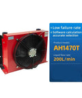 AH1470T 200L Hydraulic Oil Cooler Fan with air-cooled aluminum radiator, 200 L/min flow, and red casing for industrial use.