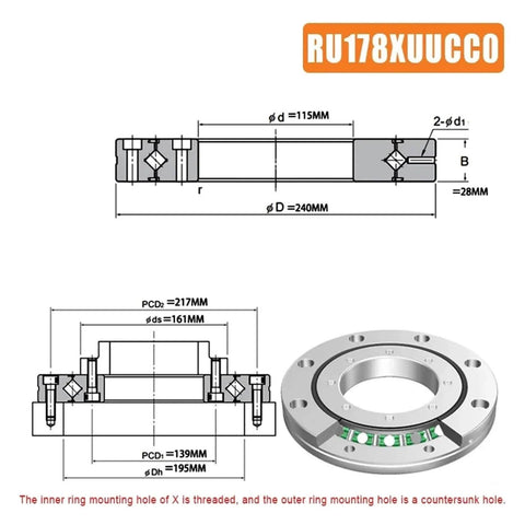 Detailed diagram showing 1 Piece Crossed Roller Bearing Set With RU178 RU228 RU297 RU445 for large machinery dimensions and views.