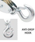Close-up of the zinc-plated steel safety hook on the Rope Hoist 50 Ft 5 To 1 Block And Tackle Pulley System for Lifting Heavy Objects.