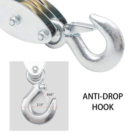 Close-up of the zinc-plated steel safety hook on the Rope Hoist 50 Ft 5 To 1 Block And Tackle Pulley System for Lifting Heavy Objects.