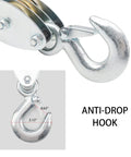 5 To 1 Block And Tackle Pulley Hoist System With 50 Ft Heavy Duty Poly Rope, 2000 Lb Breaking Strength, 1000 Lb Load Capacity, Zinc Plated Steel Wheel Block, Safe Quick Hooks, Includes Two 18 Inch Soft Loops anti-drop hook close-up