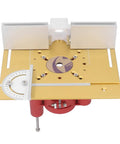 Heavy Duty Router Table Lift Assembly With Precision Micro Dial Insert Plate and Sliding Guide Ruler For Quick Woodworking Milling and Zero Sweat Setup Daily, top view.