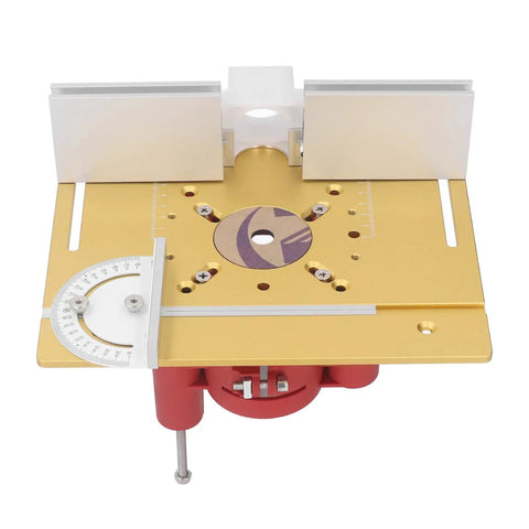 Heavy Duty Router Table Lift Assembly With Precision Micro Dial Insert Plate and Sliding Guide Ruler For Quick Woodworking Milling and Zero Sweat Setup Daily, top view.