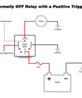 Diagram of a normally off relay with a positive trigger, showing wiring connections for SPDT 5-pin relay setup.