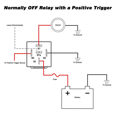 Diagram of a normally off relay with a positive trigger, showing wiring connections for SPDT 5-pin relay setup.