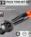 Badass Security Torx Bit Set With Heavy Duty Magnetic Grip And Impact Ready Steel Construction Featuring Three Inch Extended Reach Star Tips For T5 To T40 Jobs. 12 pack S2 steel bits with magnetic grip.