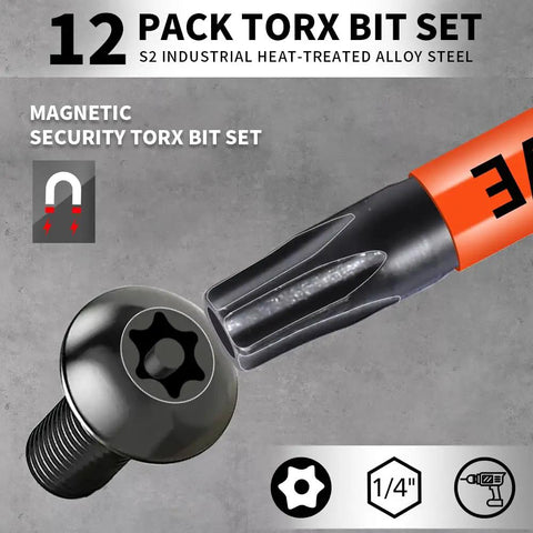 Badass Security Torx Bit Set With Heavy Duty Magnetic Grip And Impact Ready Steel Construction Featuring Three Inch Extended Reach Star Tips For T5 To T40 Jobs. 12 pack S2 steel bits with magnetic grip.