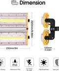 Heavy Duty 100W LED Flood Lights Hella Bright IP65 Waterproof Security Lamps showing dimensions and mount details.