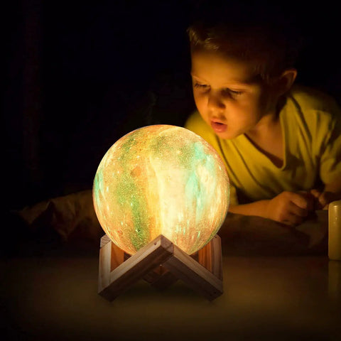 Child observing Galaxy Lamp With Wooden Stand 16 LED Color Changing Night Light Touch And Remote USB Rechargeable 7.1 Inch Lit