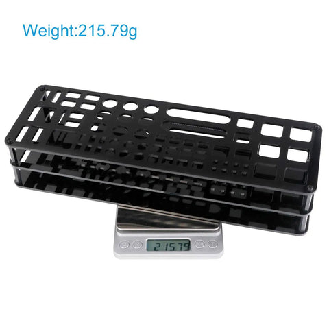 63 Hole Screwdriver Storage Rack for Hex and Cross Bits - RC Tools Organizer Stand on scale showing weight of 215.79g