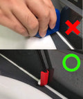 Comparison of ineffective and effective caulking with Ten Piece Caulking Tool Kit With Silicone Finishing Tools For Tight Areas Rotatable Handle And Nine Replacement Pads For Bathroom Kitchen Window And Sink Reaching Every Corner For A Slick Pro Finish, showing correct usage with a red tool and incorrect with a blue tool.
