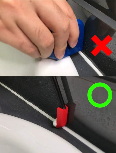 Comparison of ineffective and effective caulking with Ten Piece Caulking Tool Kit With Silicone Finishing Tools For Tight Areas Rotatable Handle And Nine Replacement Pads For Bathroom Kitchen Window And Sink Reaching Every Corner For A Slick Pro Finish, showing correct usage with a red tool and incorrect with a blue tool.