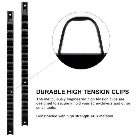 Two rails with durable high tension clips for the Four Piece Screwdriver And Wrench Organizer Wall Mount Tool Holder in black ABS material