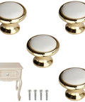 Slick Vintage White Ceramic Cabinet Knob Set Four Piece Single Hole Drawer Pulls Premium Zinc Alloy Base with screws.