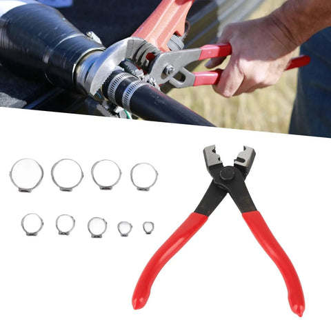 Rock Solid 80 Piece Stainless Steel Hose Clamp Assortment Kit With Heavy Duty Pliers For Serious Mechanics And DIY Projects Offering 9 Size Ranges To Handle Any Job With Extreme Durability And Rust Resistance, hose clamp set and pliers on pipe