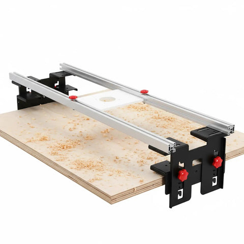 48-Inch Precision Planer Trolley Kit With Reinforced Rails And Router Flattening Sled System on plywood, side angle view.