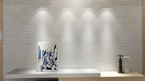 Geometric 3D PVC Wall Panels Matte White pack used in a modern accent wall