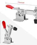 Heavy Duty Toggle Clamp 225D Quick Release Hold Down Clamp 500 Lbs, side view showing dimensions and red handle.