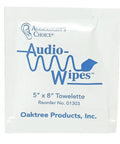 Alcohol Free Hearing Aid Cleaning Wipes for Earbuds and IEMs 100 Towelettes packaging with 5" x 8" towelette visible.