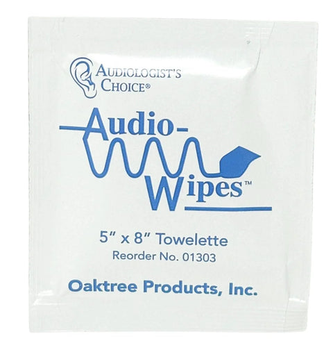 Alcohol Free Hearing Aid Cleaning Wipes for Earbuds and IEMs 100 Towelettes packaging with 5" x 8" towelette visible.