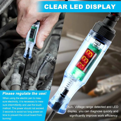 Vehicle Electrical Circuit Tester Pen With 3-48V LED Digital Display, Dual Color Polarity Indicator, Voltage Test Light For Cars And Bikes, Easy Quick Check Diagnostic Tool, Portable Auto Electrical Testing Probe in use on engine wiring