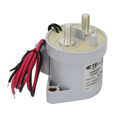 Heavy Duty Automotive Relay Contactors Rated 12 To 900 Volt DC Delivering 500 Amps with red and black wires, compact design.