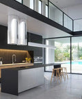 Modern kitchen interior with large windows, black cabinetry, and minimalist design. Stylish open space view.