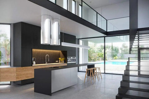 Modern kitchen interior with large windows, black cabinetry, and minimalist design. Stylish open space view.