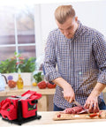 Top Shelf Electric Knife Sharpener For Kitchen Blades And Drill Bits Quick Multi Function Tool With Compact Build For Scissors Cleavers And Razor Edges Works Like A Dream Daily, red casing with user sharpening knife.