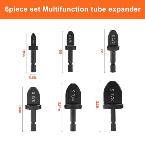 Six Piece HVAC Copper Pipe Expander Set with Swage Tools and Flaring Kit showing six expander bits of various sizes for pipe work.