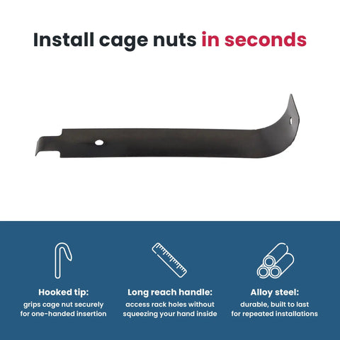 Smooth Sailing Cage Nut Tool For Square Hole Rack Rails No Sweat Quick Install Mounting Hardware Sx1100 with hooked tip and long reach handle.