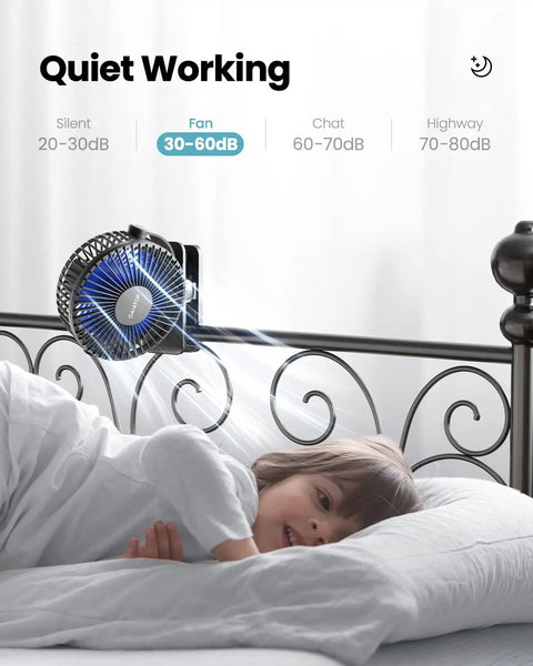 Clip On Battery Operated Fan USB Rechargeable Mini Personal Cooler With 3 Speed Quiet Operation in bedroom setup