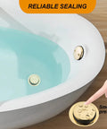 Straight Up Premium Bathtub Drain Kit With Golden Overflow Tube Assembly Touch Toe Stopper Corrosion Resistant Faceplate For Standard Baths No Fuss Drip Proof Design showing golden touch stopper.