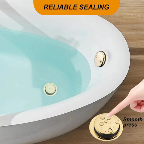 Straight Up Premium Bathtub Drain Kit With Golden Overflow Tube Assembly Touch Toe Stopper Corrosion Resistant Faceplate For Standard Baths No Fuss Drip Proof Design showing golden touch stopper.