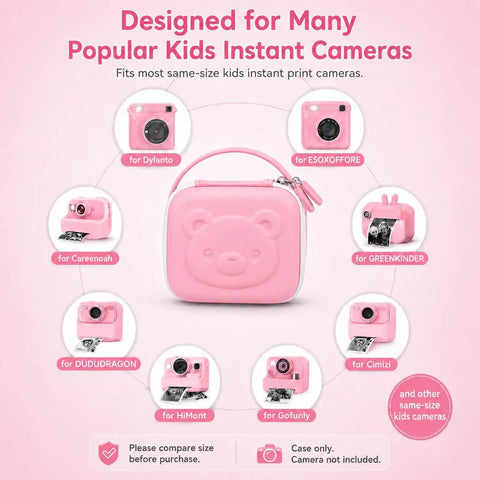 Kids Instant Print Camera Case With 3 Roll Paper Refills, pink PU case for same-size kids instant cameras, 140 x 130 x 79 mm