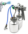 Double Head Pressure Feed Paint Sprayer With Dual Cups And Crisp One Point Three Mm Nozzle with stainless steel construction.
