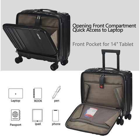 Lightweight 16 Inch Carry On Luggage with Dual Laptop Compartments for Business Travel, open showing laptop storage