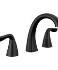 Arvo Matte Black Widespread Bathroom Faucet For 8 Inch 3 Hole Vanity Sink Tap With Push Pop Drain No Fuss DIY Install Durable Brass Construction Modern Look For Master Bath And Powder Rooms 35840LF-BL, showing a sleek, curved design with two handles.
