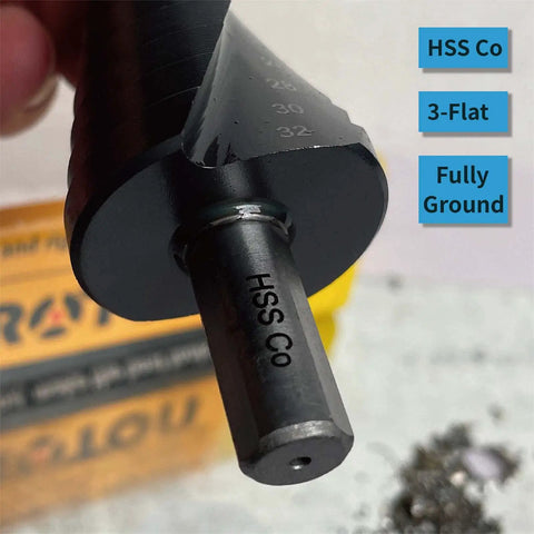 Close-up of Heavy Duty Step Drill Bit Set For Stainless Steel And Hard Metals, showing HSS Co stamp and drill shank design.