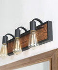 Over Mirror Vanity Light Fixture With Wood Accent And Black Matte Steel Farmhouse Sconce For Bathroom Wall Lamp Cozy Rustic Modern Country Vibe With Wood Grain Finish And Durable Steel Construction, 3-light.