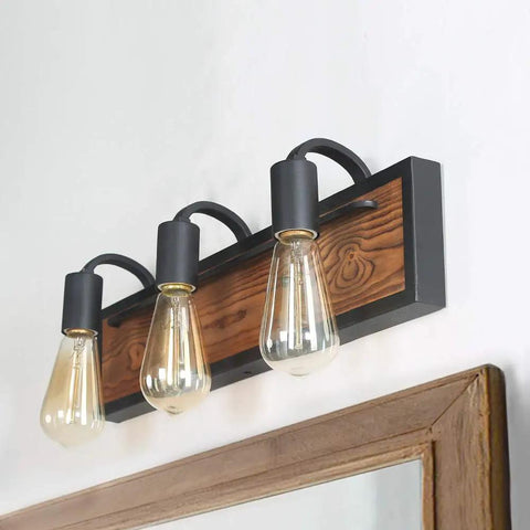 Over Mirror Vanity Light Fixture With Wood Accent And Black Matte Steel Farmhouse Sconce For Bathroom Wall Lamp Cozy Rustic Modern Country Vibe With Wood Grain Finish And Durable Steel Construction, 3-light.