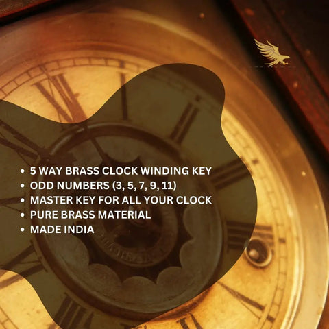 5 Prong Brass Clock Key For Winding Clocks With Odd Numbers Handy Universal Key Set shown with clock face and brass material details.
